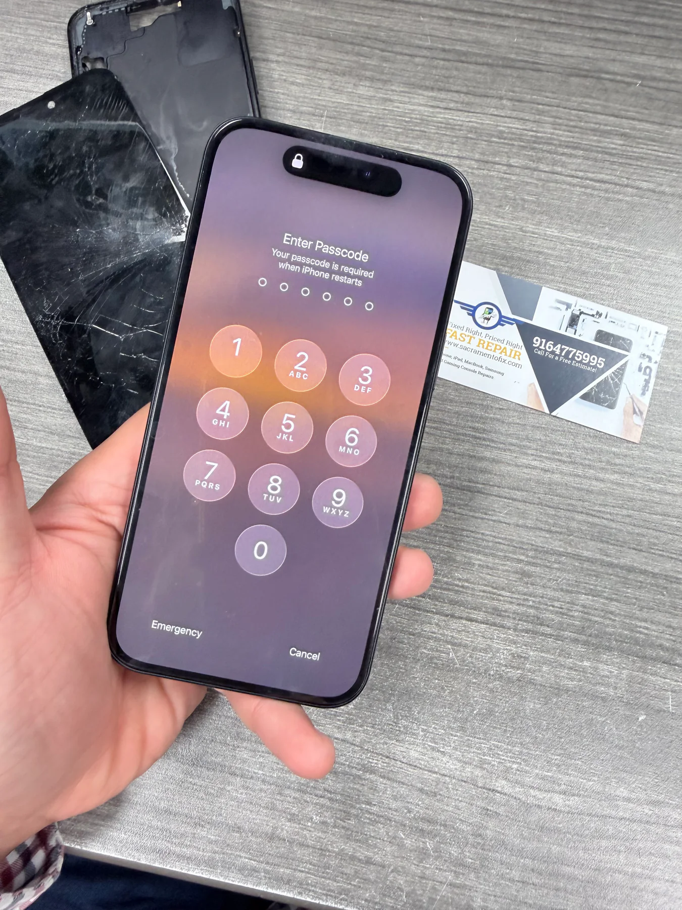 Working iPhone 16 Plus after logic-board, midframe, and screen repair in Sacramento