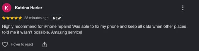 Katrina's five star Google review for iPhone repair and preserved data at Fast Repair